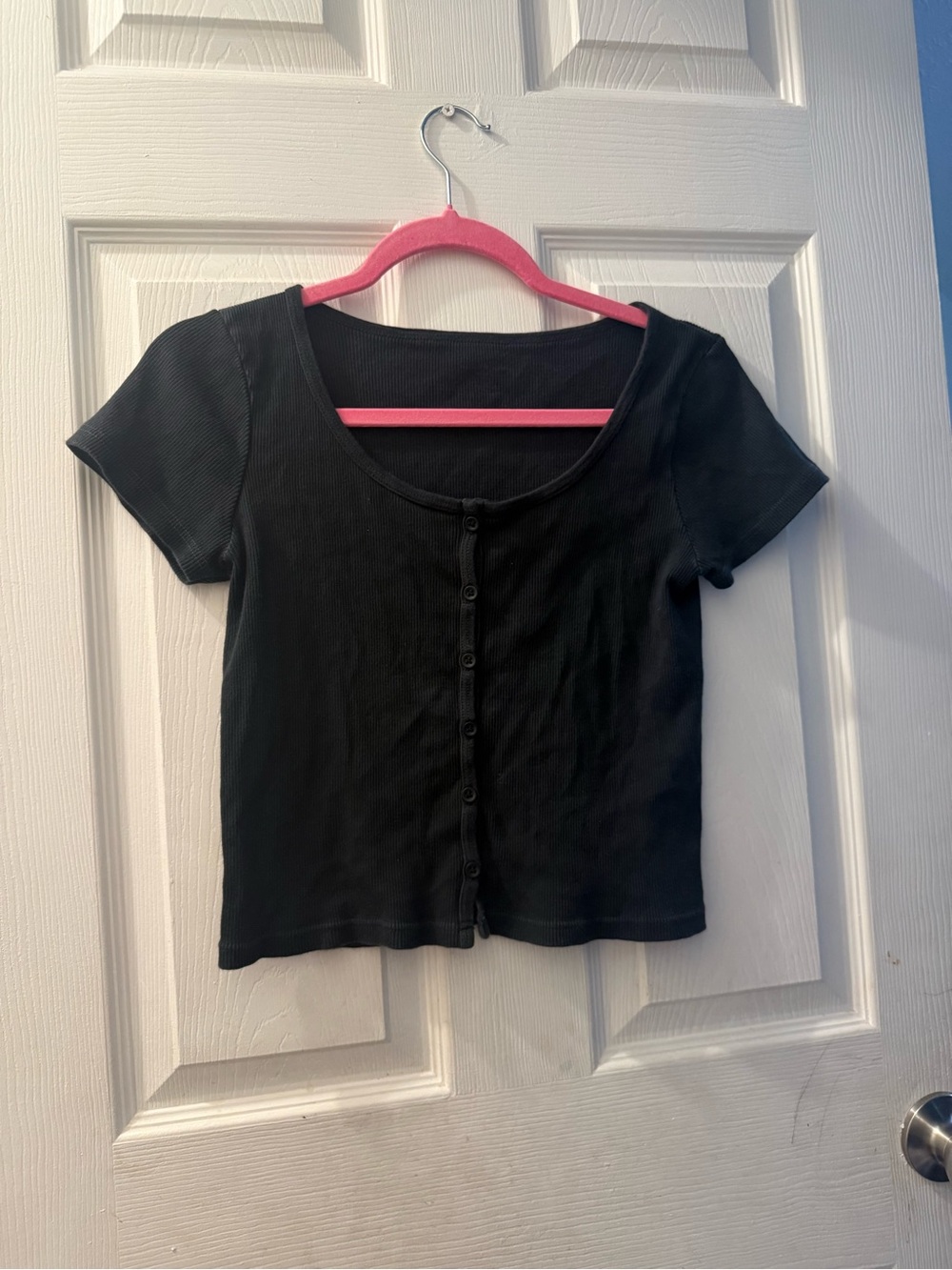 Brandy Melville Black Short Sleeve Button Front Ribbed Top